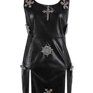 Jeweled Faux Leather Mini Dress – Gothic Cross Rhinestone Y2K Clubwear (M)